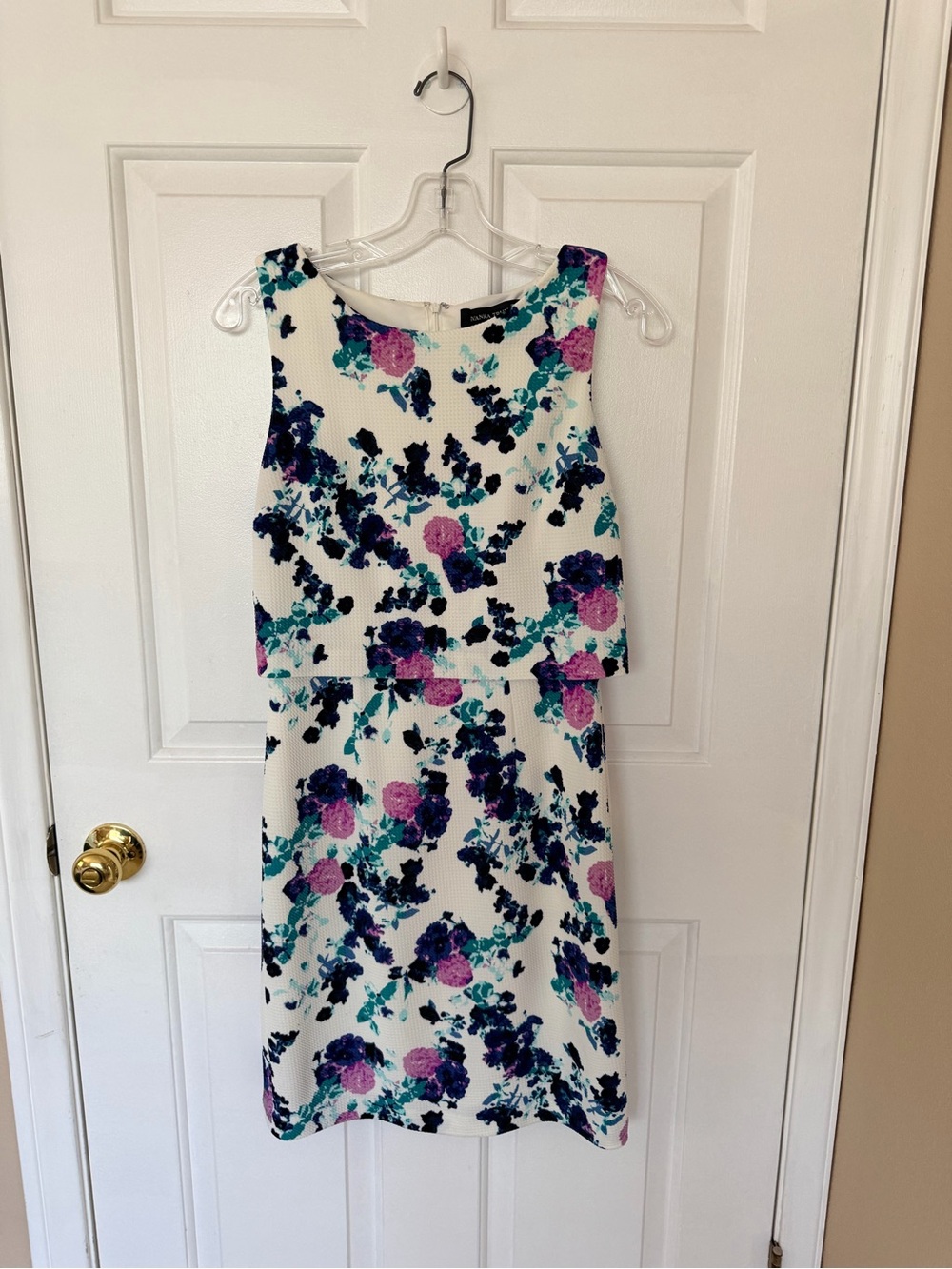 Ivanka Trump Floral Sleeveless Sheath Dress in White with Blue & Purple Print